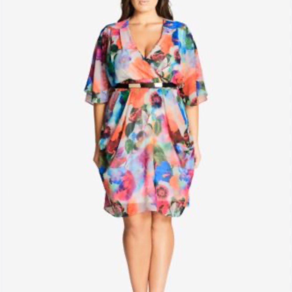 City Chic Floral Belted Chiffon Dress
